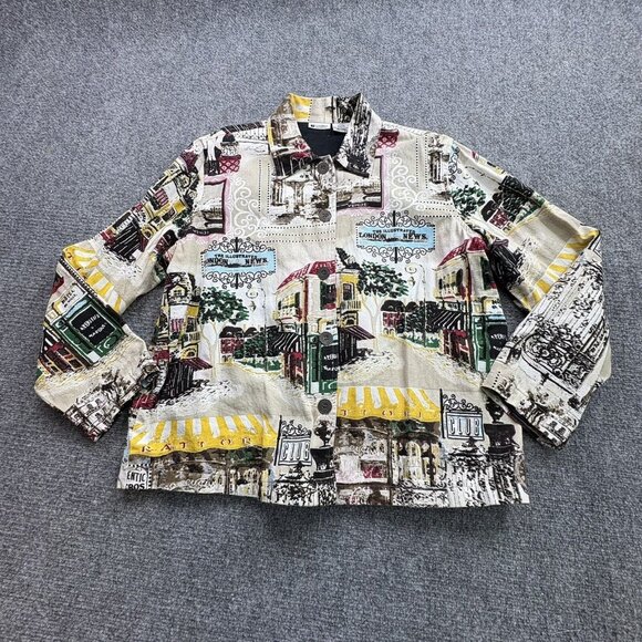 Vtg 80s Units Jacket Womens  L Boxy Button Travel Paris London Postcard Print‎ - Picture 1 of 16